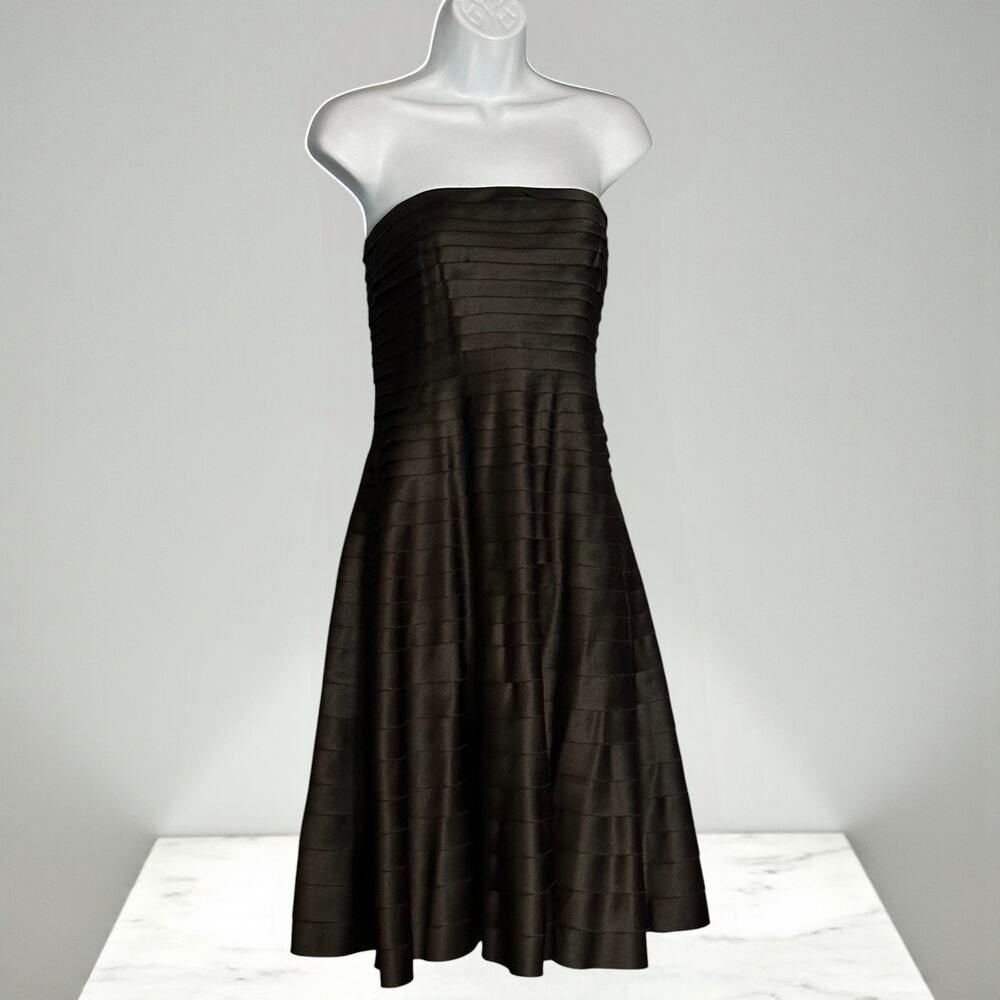 Vintage 80s Victor Costa Black Strapless Cocktail Dress Size 4 Satin Tiered Glam